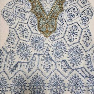 Boston Proper Blue and Gold Embroidered Blouse